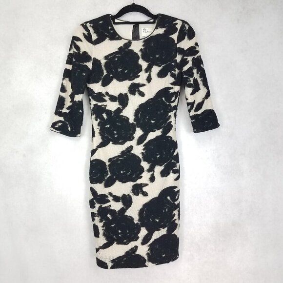 REISS Size 6 Black/Tan Lavine Rose Floral Wool Bodycon Mini Dress - Picture 1 of 13